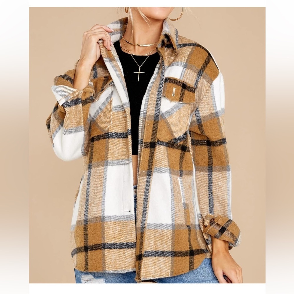 Women’s Tan Black Ivory Button Up Plaid Shacket, L or Large - Picture 3 of 11